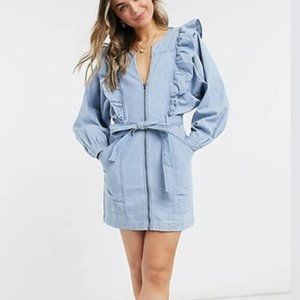 Free People Ruffle Balloon sleeve Imogene Light Wash Denim Mini Dress Size XS